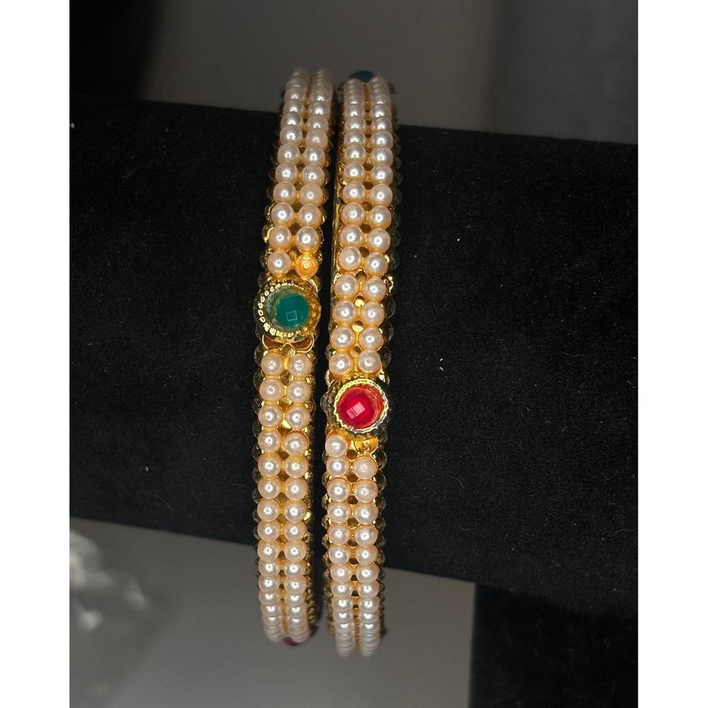 Indian Gold Tone Pearl Bangle Set Red Green Cabochon Bollywood Ethnic Bracelets